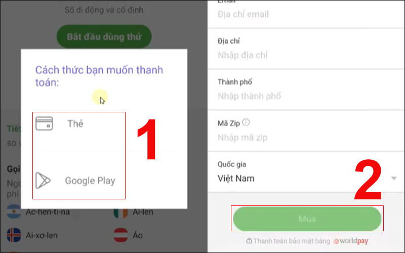Chọn hình thức thanh toán và mua gói cước